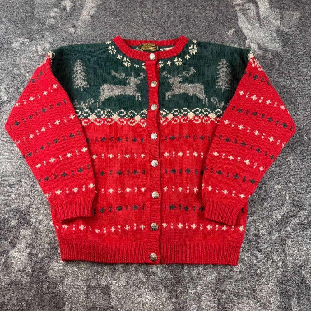 Vtg Eddie Bauer Holiday Deer Wool Cardigan Sweater Green Red Fair Isle L*